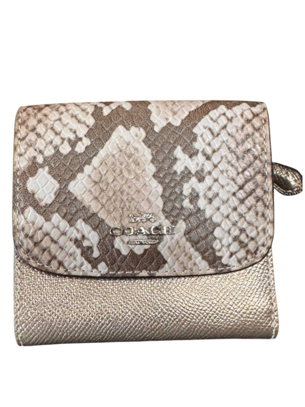 Coach Metallic Champagne Python Print Leather Trifold Wallet | EUC